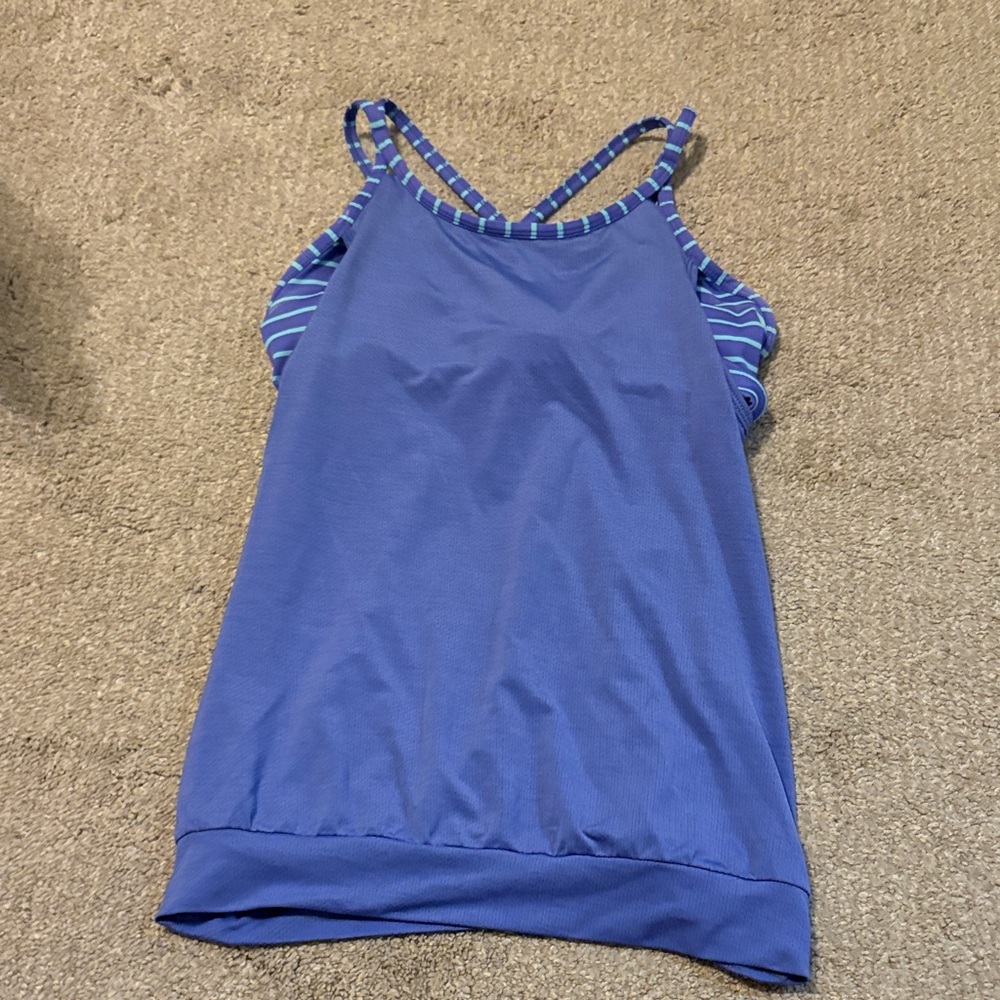 Blue Striped girls tank top with built-in sports bra